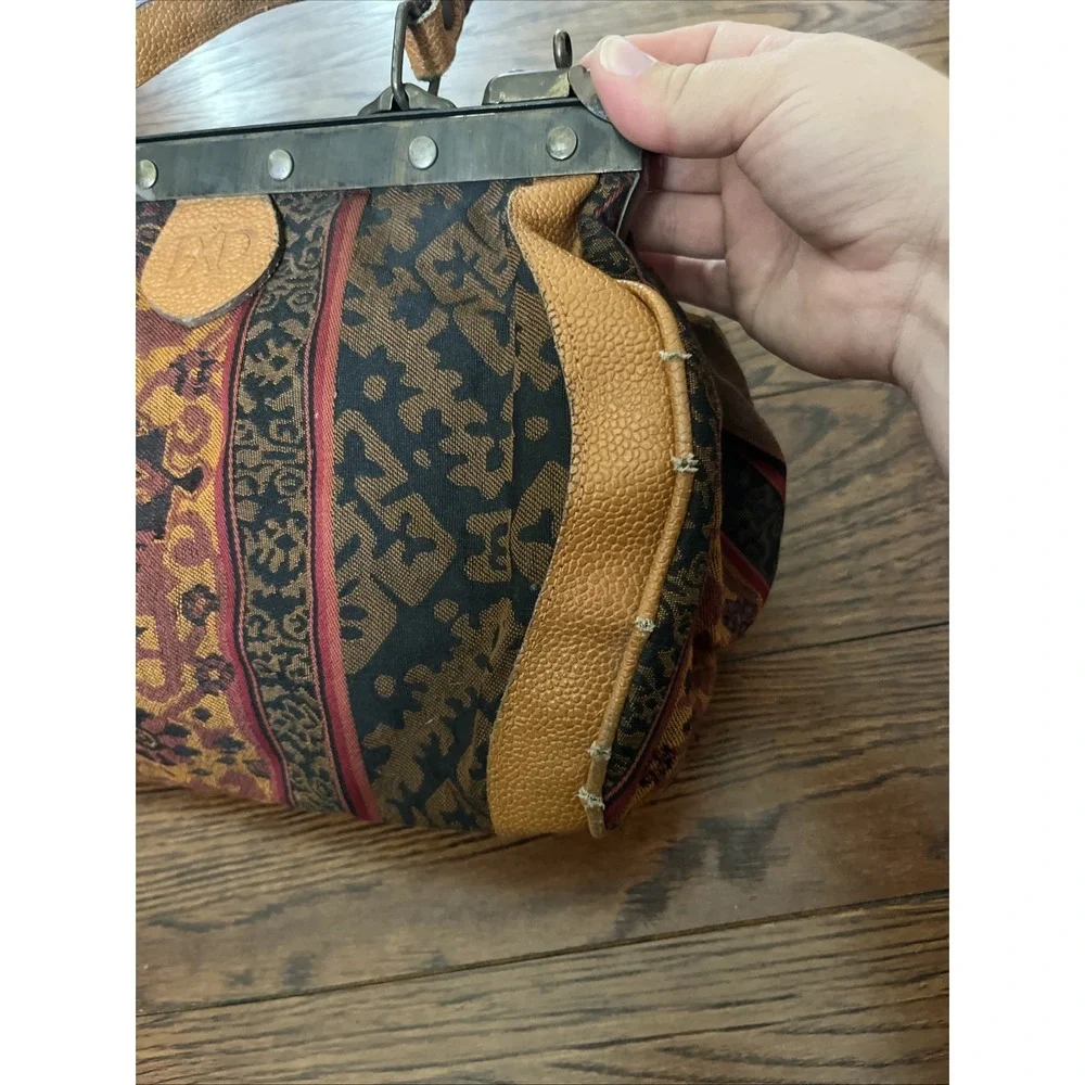 VTG Express Tapestry Leather Hobo Carpet Drs Bag Hinged Frame Clasp RARE